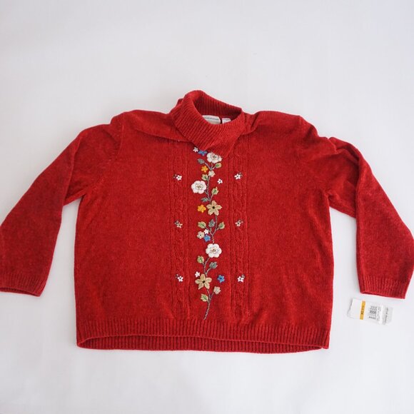 Vintage Alfred Dunner Red Floral Embroidered Chenille Sweater Grandmacore 3X NWT - Picture 1 of 9